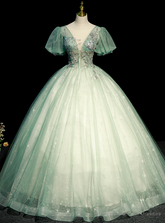 Green Tulle Short Sleeve Sequins Beading Quinceanera Dress